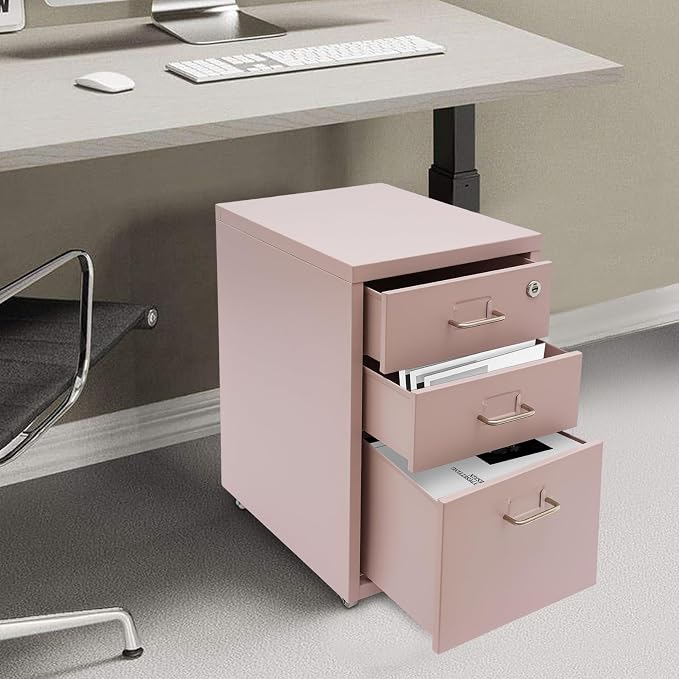 3 Drawer File Cabinet with Lock, Freestanding Filing Metal Drawers Organizer Vertical Metal Rolling Organizer Movable Under Desk Cabinet with Wheels for Home Office Living Room Study (3 Tiers Pink)