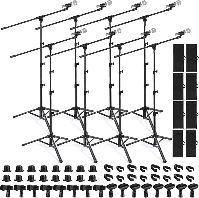 Relaxweex 8 Pcs 4 Pcs Tripod Microphone Stand Boom Arm Floor Mic Stand with Carrying Bag and Mic Clips for Singing Stage Wedding Karaoke Church (Classic Style)