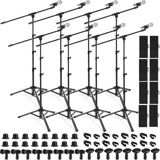 Relaxweex 4 Pcs 4 Pcs Tripod Microphone Stand Boom Arm Floor Mic Stand with Carrying Bag and Mic Clips for Singing Stage Wedding Karaoke Church (Classic Style)