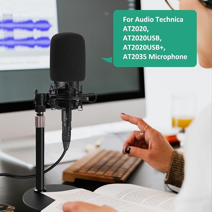 AT2020 Mic Stand, Adjustable Height Desk Mic Stand with Shock Mount, Foam Windscreen, Metal Weighted Base, 1/4 to 3/8 Metal Adapter, for AT2020 AT2020USB AT2020USB+ AT2035 Mic by Rigych