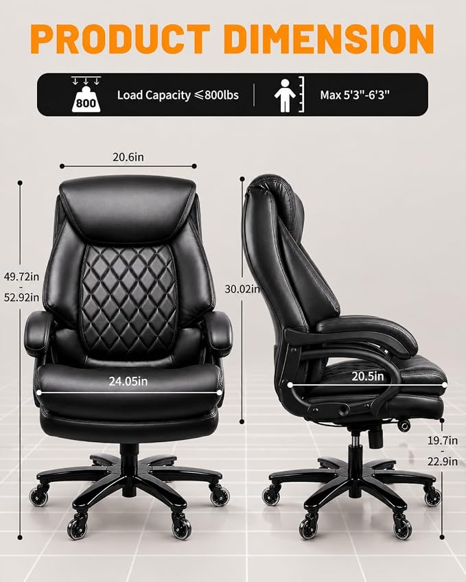 Big and Tall Executive Office Chair with Adjustable Lumbar Support, Extra Wide Seat, Heavy Duty Computer Desk Chair for Long Working Hours, Gaming & Home Office, Quiet Rolling Wheels