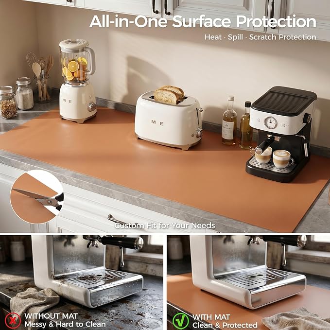 1.6mm Thick Leather 14x24 Inch Non-Slip Mat, Waterproof Countertop Protector, Standard Bedside Table/Nightstand Protector, Caramel Brown