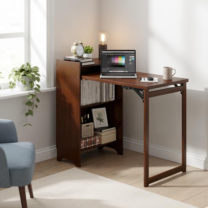 tonchean Bamboo Folding Desk for Small Spaces with Storage Bookshelf, Mid Century Foldable Computer Desk, Fold Out Writing Table, Space Saving Hideaway Workstation for Home Office Bedroom Dorm, Brown