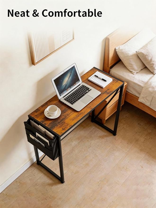 Elephance Modern Foldable Writing Computer Desk for Home Office, No-Assembly Study Office Desk Table for Small Spaces, Rustic Brown, 31.5 Inch