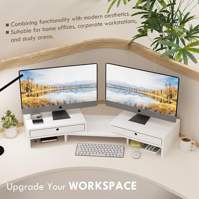 LAPTAIN Wooden Dual Monitor Stand with 2 Drawers, Monitor Stand Riser with Adjustable Length and Angle, Solid Wood Desktop Organizer Stand for Laptop/PC/Computer, No Assembly Required