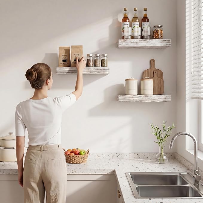 Square Floating Shelves for Wall, 10"W x 10"D x 1.25"H, 3 Packs Small Wall Mounted Engineered Wood Shelves with Invisible Brackets for Living Room, Bedroom, Bathroom, Kitchen Decor, Vintage White
