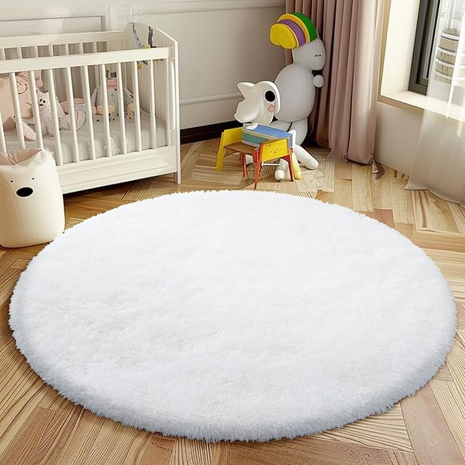 Super Soft Circle Rugs for Girls Princess Castle Toddlers Play Tent 3 Diameter Circular Area Rugs for Bedroom Home Decor Round Shag Playhouse Carpets(Φ3, White)