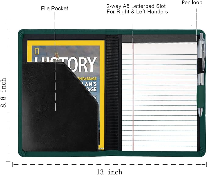 Padfolio/Portfolio Binder, Mini Padfolio Portfolio Binder 5 x 8 Legal Writing Pad, A5 Document Organizer Folder for Men Women, Dark Green.