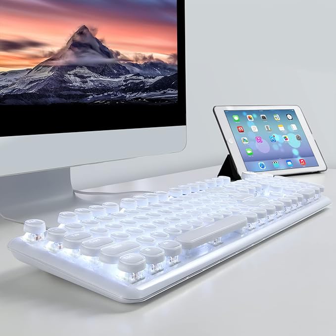 Gaming Keyboard with Retro Punk Typewriter Style. Blue Switch, Stylish White Backlight and White Mechanical Keyboard, Wired USB-A. for Game and Work.