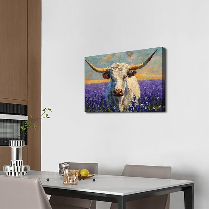 Vintage Cow Canvas Wall Art Farmhouse Wildflower Paintings Wall Decor for Living Room Rustic Texas Longhorns Cattle Canvas Prints Watercolor Animal Posters Artwork Nursery Bedroom Decorations 16x24"