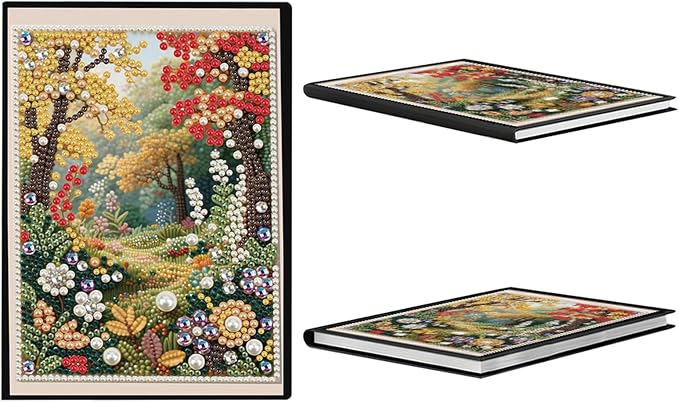FRANDEK Pearl Painting Notebook Kit, Autumn Forest A5 DIY Journal with 50 Blank Pages, Diamond Gem Art Cover with Waterproof Canvas, Beginner Craft Set with Full Tools for Adults