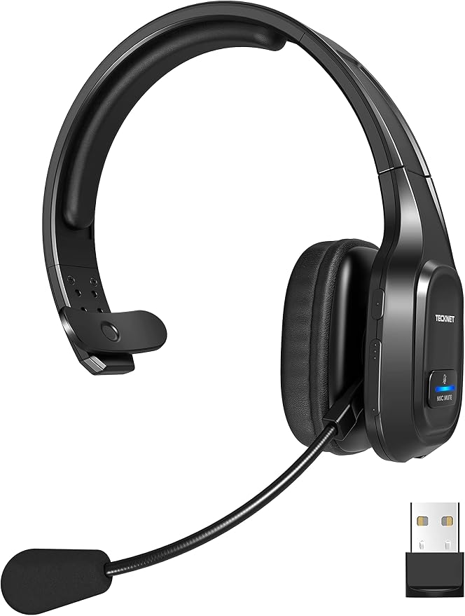 TECKNET Trucker Bluetooth Headset, Trucker Bluetooth Headphones with Microphone AI Noise Canceling Wireless On Ear Headset, Hands Free Wireless Headset for Cell Phone Computer Office Home bright black
