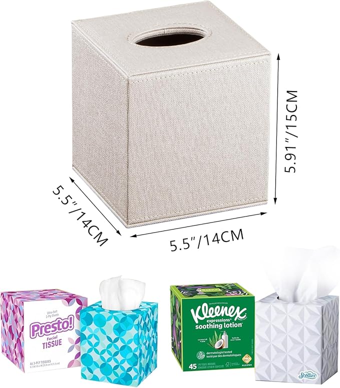 Leather Square Tissue Box Cover,Cut Tissues Cube Box Holder,Modern Facial Paper Organizer Storgage,Box Tissue Dispenser Decor Accessories for Bathroom NightStand Coffee Table Desk Home Office,Beige