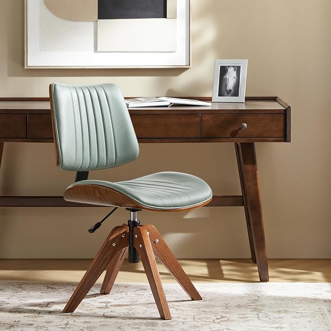 HULALA HOME Faux Leather Home Office Desk Chair No Wheels, Sage | Mid-Century Modern Desk Chair with Wood Legs, 360° Swivel Computer Task Chair with Channel-Tufted Backrest, Height Adjustable