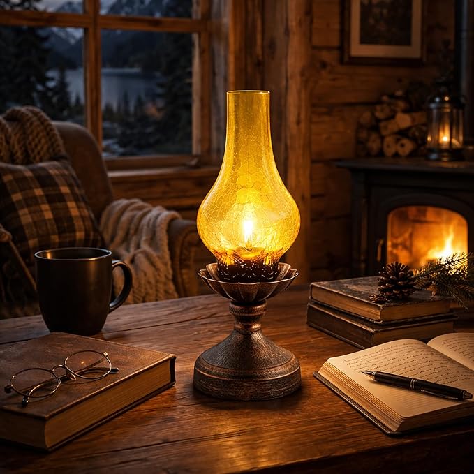 Vintage Table Lamp,Touch Control & 3-Way Dimmable Rustic Retro Farmhouse Bedside Lamp with Amber Glass Shade and LED Bulb for Bedroom, Living Room, Cabin, Office