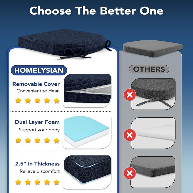 Chair Cushions for Dining Chairs, Non Slip Chair Pads with Ties and Washable Covers, Memory Foam Kitchen Chair Cushions Set of 6, 16"X16"X2.5", Navy