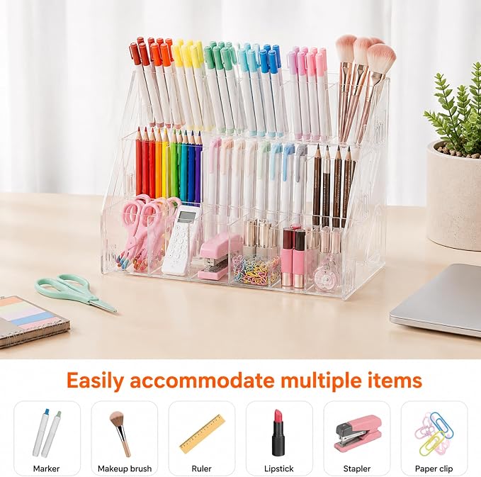 Acrylic Pen Pencil Holder for Desk With 15 Compartment Desk Organizers and Accessories,Durable Material Can Hold Pen Brush Cosmetic Scissor Clip Tape staplers Fit Home Office School(3 Tier)