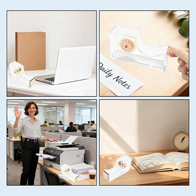 Gold Tape Dispenser, Clear Acrylic Desk Tape dispensers with Serrated Metal Edge, Modern Aesthetic Office & Craft Tape Organizer for Gift Wrapping, 1 Inch Core, Non-Slip Weighted Base