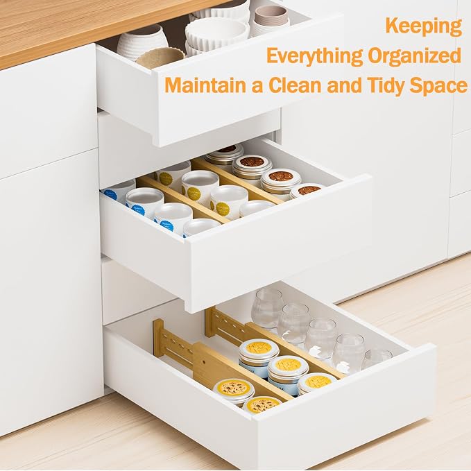 Bamboo Drawer Dividers, 4" High Drawer Organizers for Clothes/Utensils | 16.5-21.8" Expandable Wooden Drawer Separators for Dresser, Kitchen, Bathroom, Nursery, Office Organization & Storage, 4 Pack