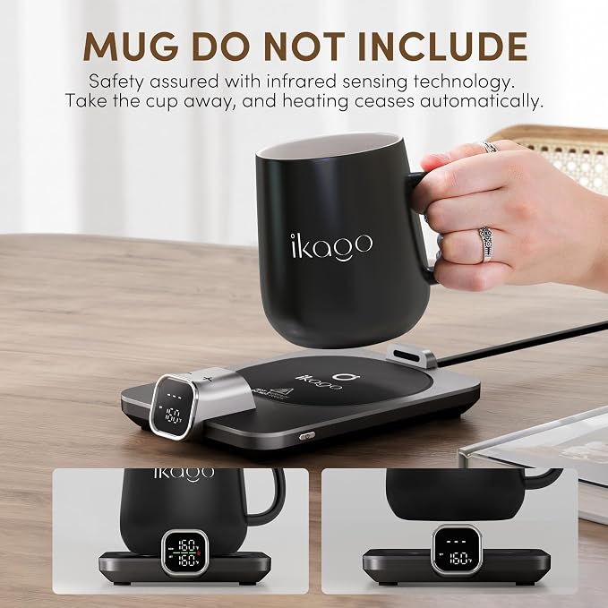 IKAGO Smart Coffee Mug Warmer with Real-Time Temperature Display | 1°F Precision Control, Auto Shut-Off, Cup Detection, Fast Heating Desk Mug Warmer for Office Home