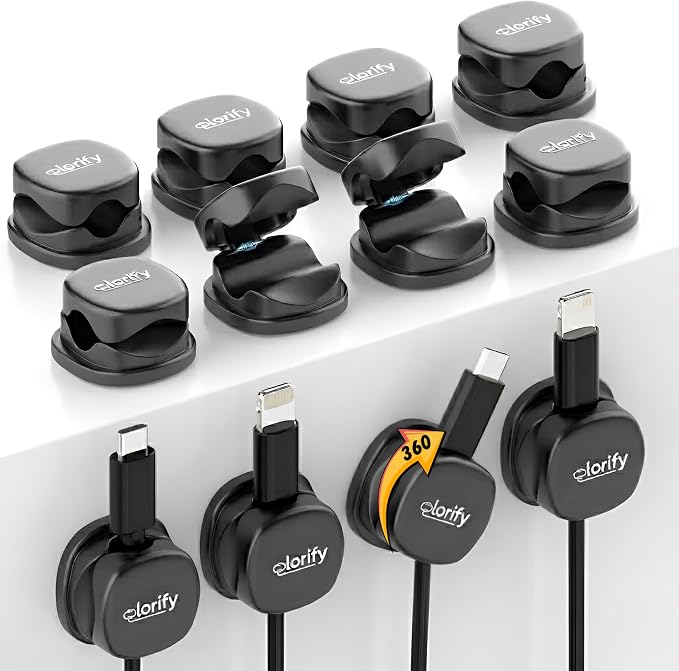 12 Pack Rotatable Spring Cable Clips, Adhesive Cord Organizer for | Charging Cords, Phone Charging Clips, Laptop, Nightstand & Desk Cable Management for Home & Office Use (Black)