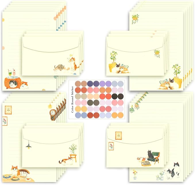 37 Pcs Stationery Paper Envelopes Set Includes 24 Lined Writing Paper & 12 Envelopes with 48 Colorful Round Dot Stickers, Cute Cat Letter Writing Stationery Paper Envelopes Gift (4Style)