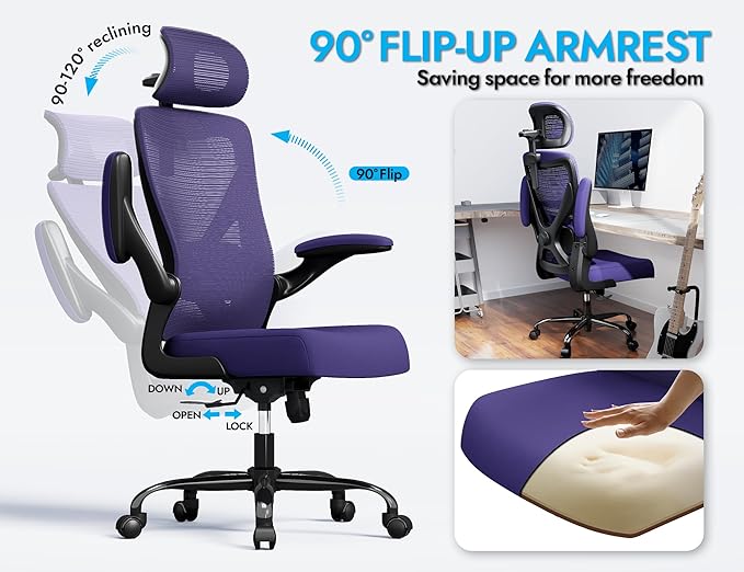 Ergonomic Office Chair: Mesh Desk Chair Comfy with Headrest& Lumbar Support | Ergalithic Big and Tall Office Chairs with Wheels & Flip-Up Arms-Computer Gaming Chairs for Adults Home Office(Purple)