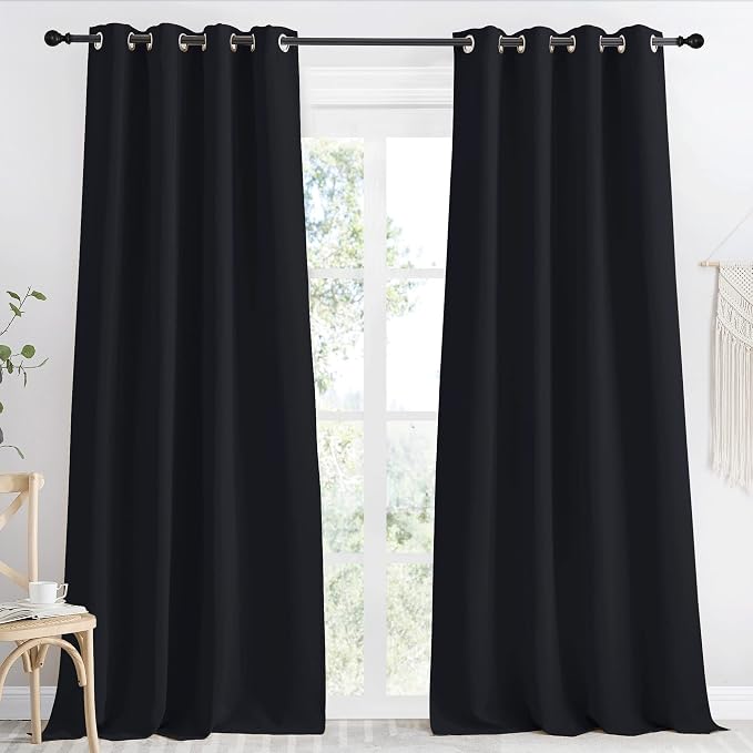 NICETOWN Black Blackout Long Curtain 96 inch Length, W55 x L96 Inch, 8 Grommets Top, 1 Piece, Thermal Insulated Modern Window Treatment Soundproof Drape Panel for Bedroom/Living Room