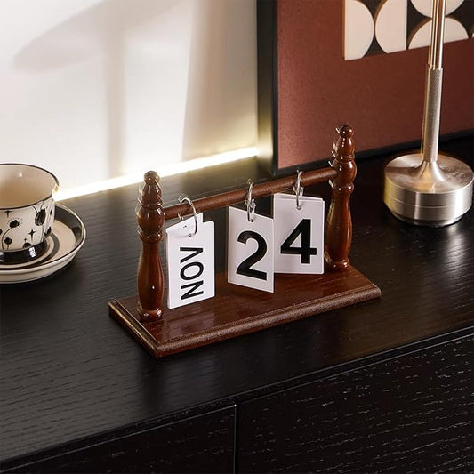 Wooden Perpetual Desk Calendar - Vintage Rustic Flip Calendar with Metal Rings & Reusable Daily Date Cards(Dark Brown)