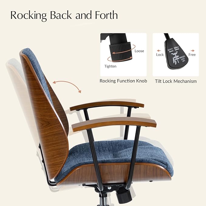 HULALA HOME Solid Wood Office Chair with Tilt Function & Metal Base, Navy | Mid Century Modern Desk Chair with Bent Wood Frame, 360° Swivel Fabric Computer Task Chair, Height Adjustable