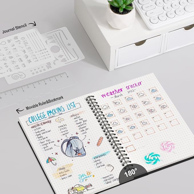AHGXG Dotted Journal - Dot Grid Spiral Notebook A5, 160 Pages, 100 GSM Thick Paper, Waterproof Plastic Cover Journals for Bullet Journaling, Sketching, 5.7" x 8.3", Black