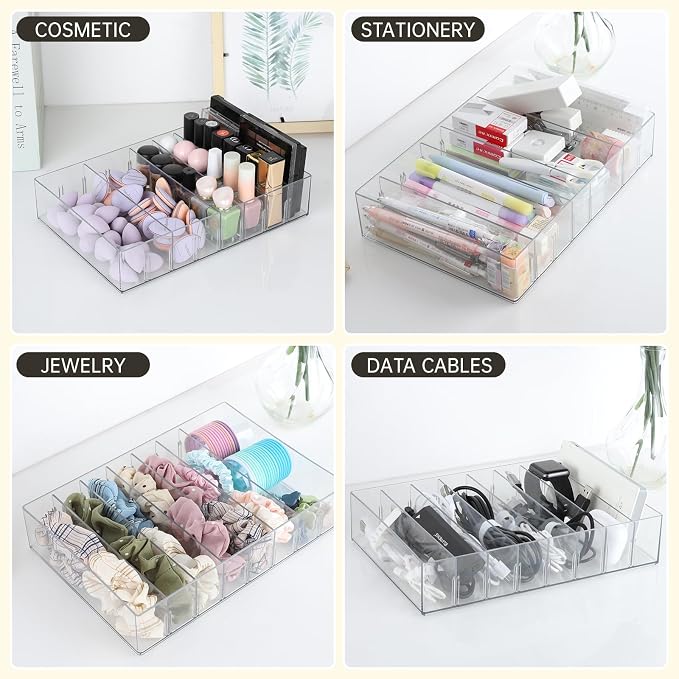 FRETONBA 2 Pcs Clear Cable Charger Organizer Box, Large | Adjustable Compartments, Stackable to Save Space, 14 Wire Ties, Easy Access, Fits Drawer, Desk & Office