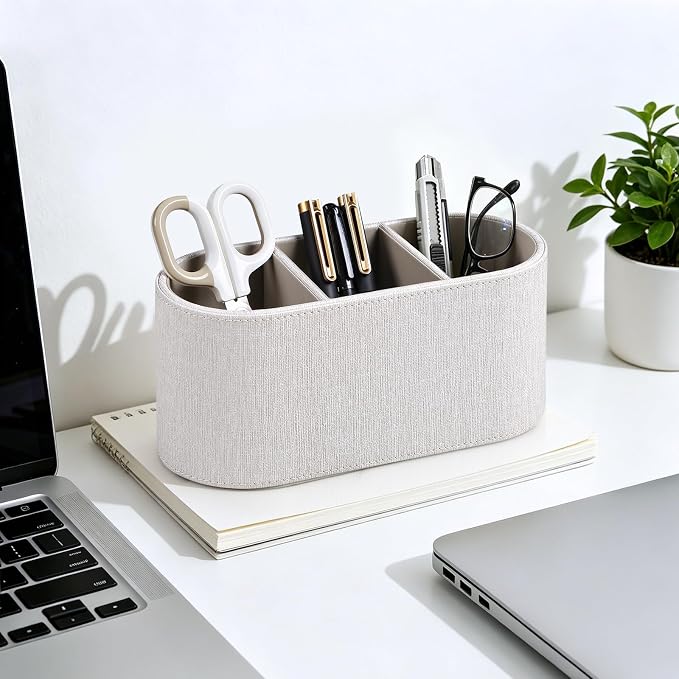 Aesthetic Remote Control Holder, PU Leather Remote Holder Desktop Organizers with 3 Compartments for Home Office Supplies and Accessories, Stylish Bedside Nightstand Organizer (Linen)