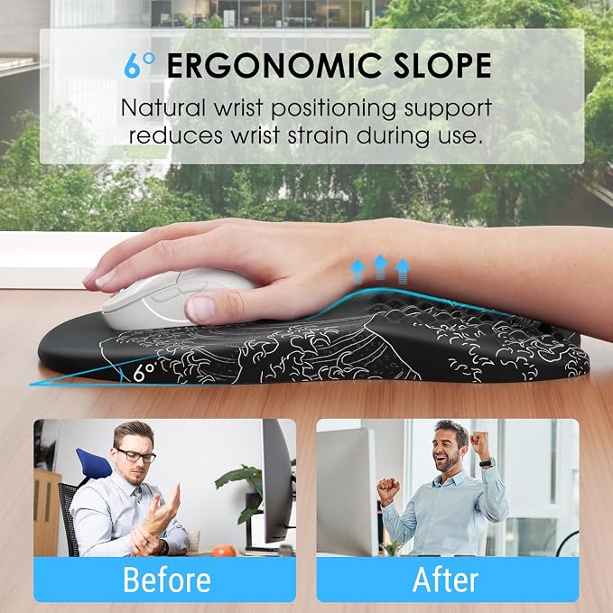 MROCO Ergonomic Mouse Pad with Wrist Support, 11.8 x 7.8 in, Black Kanagawa | Memory Foam Wrist Rest Mouse Pad, Non-Slip Base, Smooth Lycra Surface for Office & Home, Comfortable Wrist Support