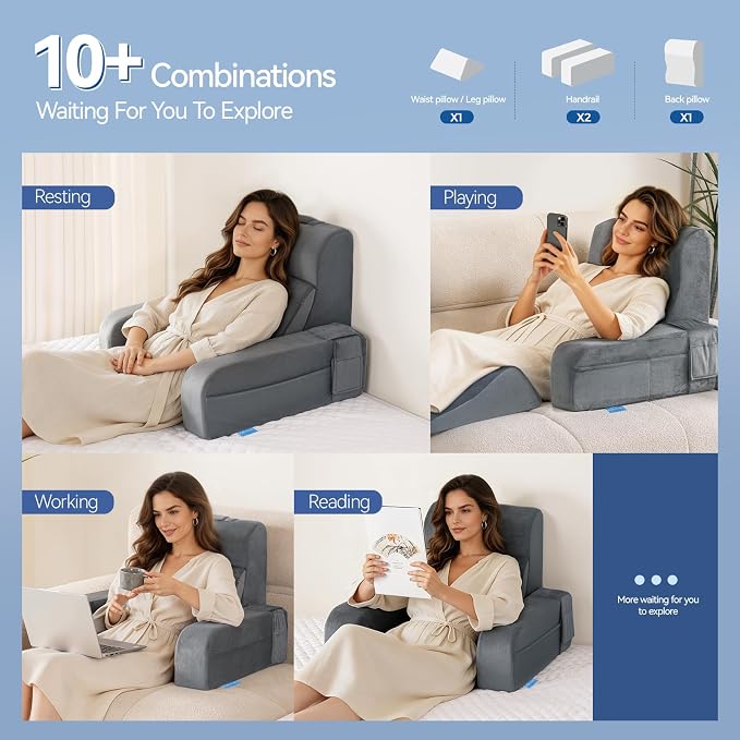 Kayfia Reading Pillow, Gel Memory Foam Back Rest Pillow, 21'', Gray | 3 Storage Pockets, Dual-Use Back Leg Support Pillow, Detachable Armrests, Ideal for Reading, Gaming, Working on Bed & Couch