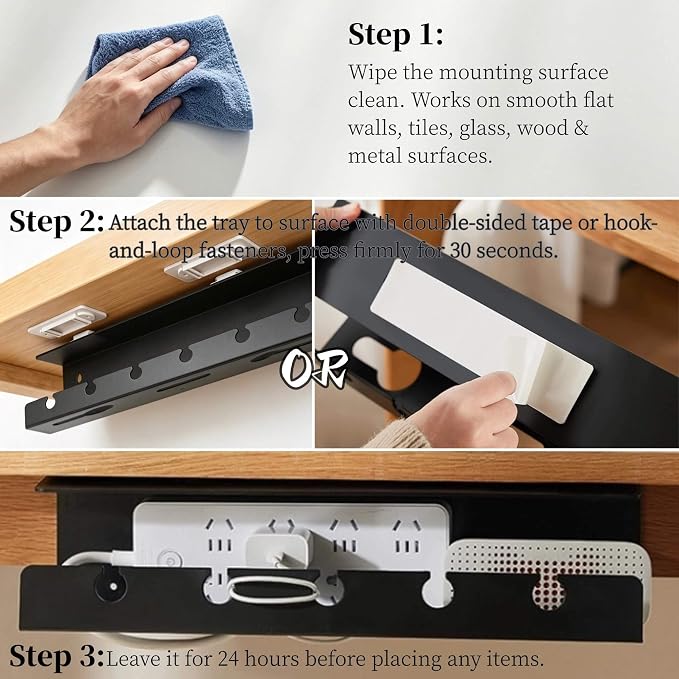 Ovanmexis Under Desk Cable Management Tray, White, 2-Pack | Quick-Release Mount, Snap-On Tool-Free, Includes Magnetic Cable Clips & Straps, No Drill Hidden Base