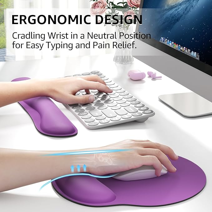 KTRIO Ergonomic Keyboard Wrist Rest and Mouse Pad with Wrist Rest Set, Memory Foam Wrist Support for Typing, Gaming, Office and Home Use, Pale Pink, Violet Purple
