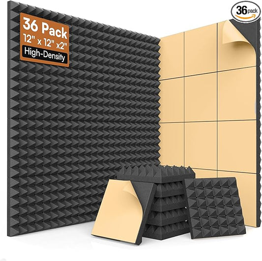 SD SODOCT 36 Pack 12 x 12 x 2 Inches Pyramid Acoustic Foam Panels, High Density Acoustic Foam, Self-Adhesive Sound Proof Foam Panels for Walls, Fire Resistant, Studio Wall & Ceiling Panels, Black