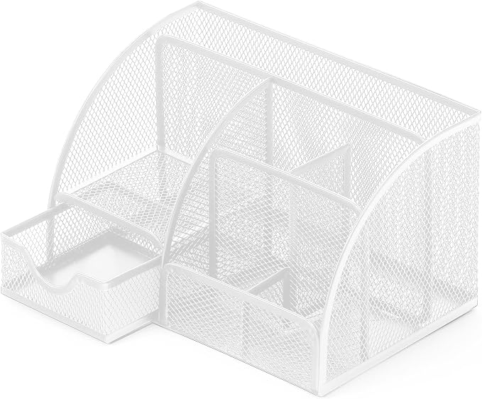 Boutilon Mesh Desk Organizer Desktop Office Supplies Stationary Organizer with 6 Compartments and 1 Drawer Multi-Functional Caddy Pen Holder for Home Office School Desk Decor(White)