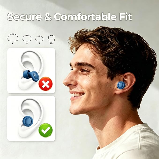 Noise Reduction Ear Plugs,Reusable Silicone Earplugs for Sleeping, Snoring, Travel, Comfortable Side Sleepers (Blue)