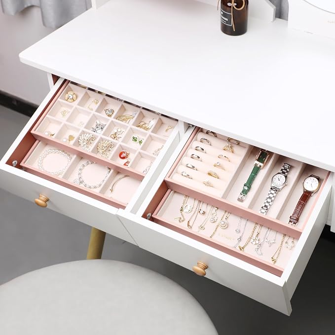 LANDICI Stackable Jewelry Organizer Trays 4 Set,PU Leather Jewelry Organizer Drawer,Jewelry Storage Display Tray for Earring Necklace Rings Bracelet with Removable Dividers,Pink