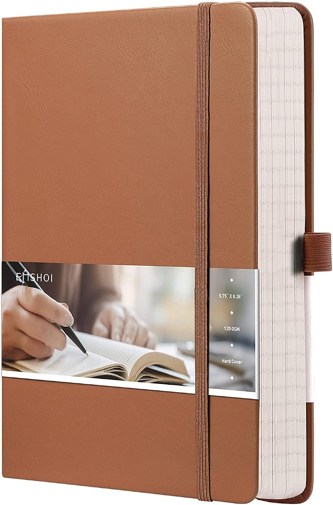 EMSHOI A5 College Ruled Notebook, 256 Numbered Pages 120GSM Ink-Proof Faux Leather Hardcover Lay-Flat Lined Journal for Work Office School Travel Writing, Small 5.75" x 8.38", Brown