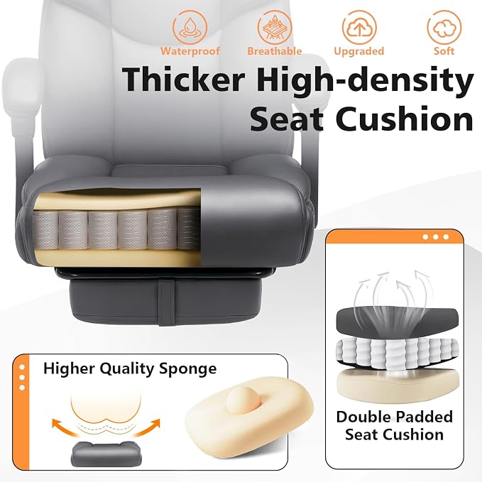 WAILOR 400lbs Office Chair with Foot Rest, Reclining Big and Tall Office Chair with Lumbar Support, High Back PU Leather Computer Chair,Comfy Desk Chair for Home Office (Gray)