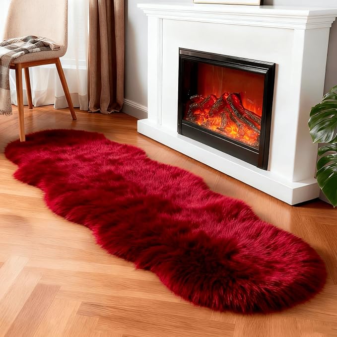 linmopm Faux Fur Rug Sheepskin Shag Fluffy Fuzzy Red 2x6 ft Runner Rugs for Bedroom Bedside Bed Floor Living Room Plush High-Density Cushion Carpet Super Sofa Cover | Shag Fluffy Fuzzy, High-Density Cushion, For Bedroom Bedside Living Room, Plush Carpet