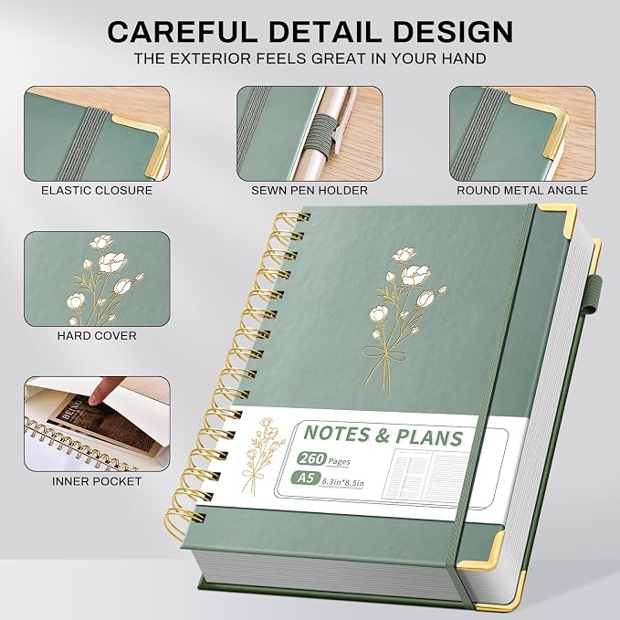 Ovesmusl Undated Daily Planner - 126 Days Hourly Schedule & To Do List - A5 Hardcover Spiral Notebook planner with stickers, Metal Corner Protectors & Back Pocket for Work & School, Bouquet