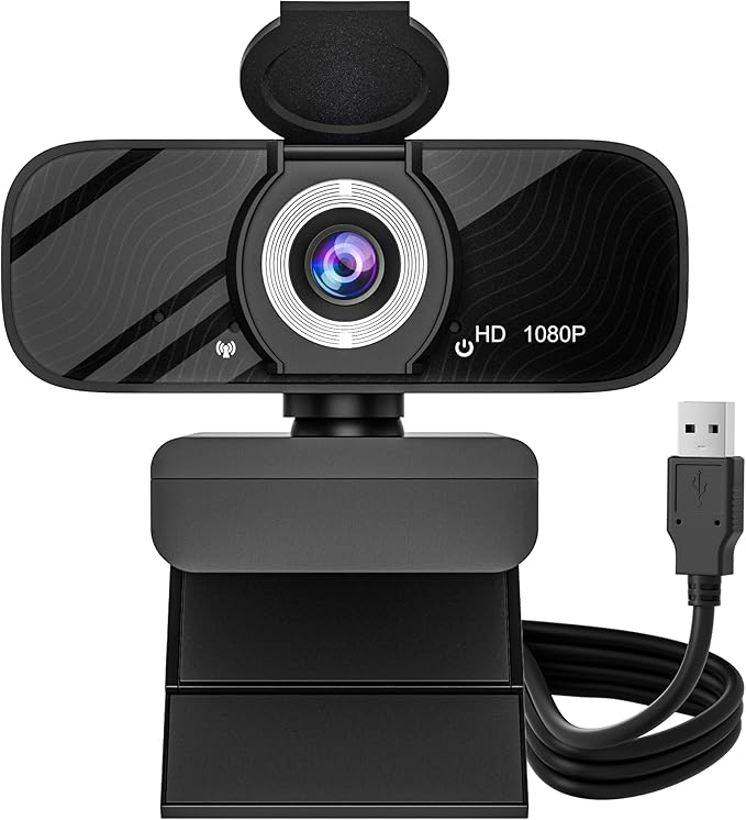 Gozvrpus USB HD Webcam with Built-in Microphone and Rotatable Tripod, 1080P Video, Wide Angle Camera, Privacy Cover, for Desktop PC or Laptop Computer（Black）