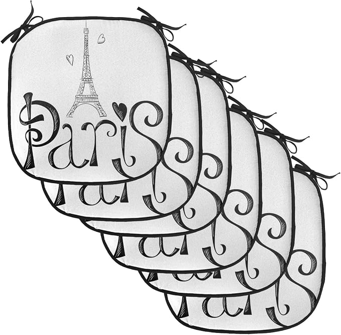 Lunarable Paris Chair Cushion Pads Set of 6, Illustration Eiffel Tower France Heart Shapes Silhouette Vacation Theme Art, Anti-Slip Seat Padding for Kitchen & Patio, 16"x16", Black White