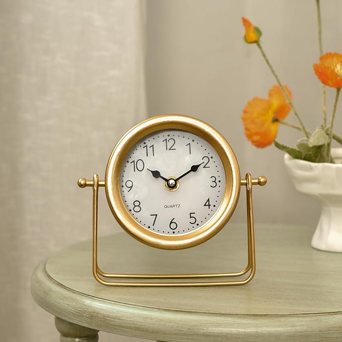 EMAX HOME Small Gold Desk and Shelf Clock, 6.9*5.9 Inch Retro Elegant Tabletop Clock with Glass Cover, Silent Non-Ticking Battery Operated Decorative Clock for Living Room, Office, Bedroom, Gift Idea