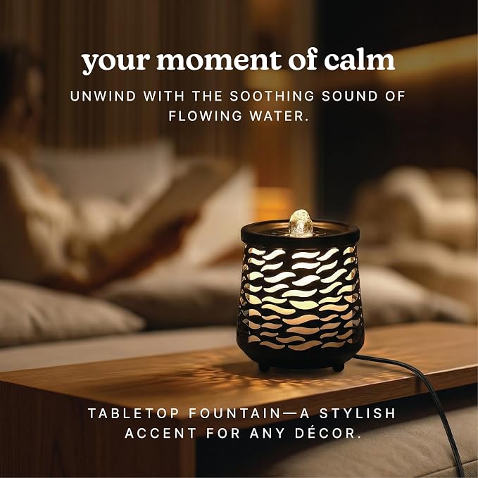 Homedics Indoor Relaxation Fountain with Light & Natural Sound, Tabletop Water Fountain for Home or Office, Small Indoor Water Fountain with Quiet Pump, Soothing Zen Desktop Decor (Black)