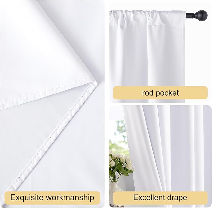 NICETOWN Bedroom 100% Blackout Curtains, 2 Panels, 42 by 63, Snow White, Window Treatment Rod Pocket Curtains/Drapes for Bedroom